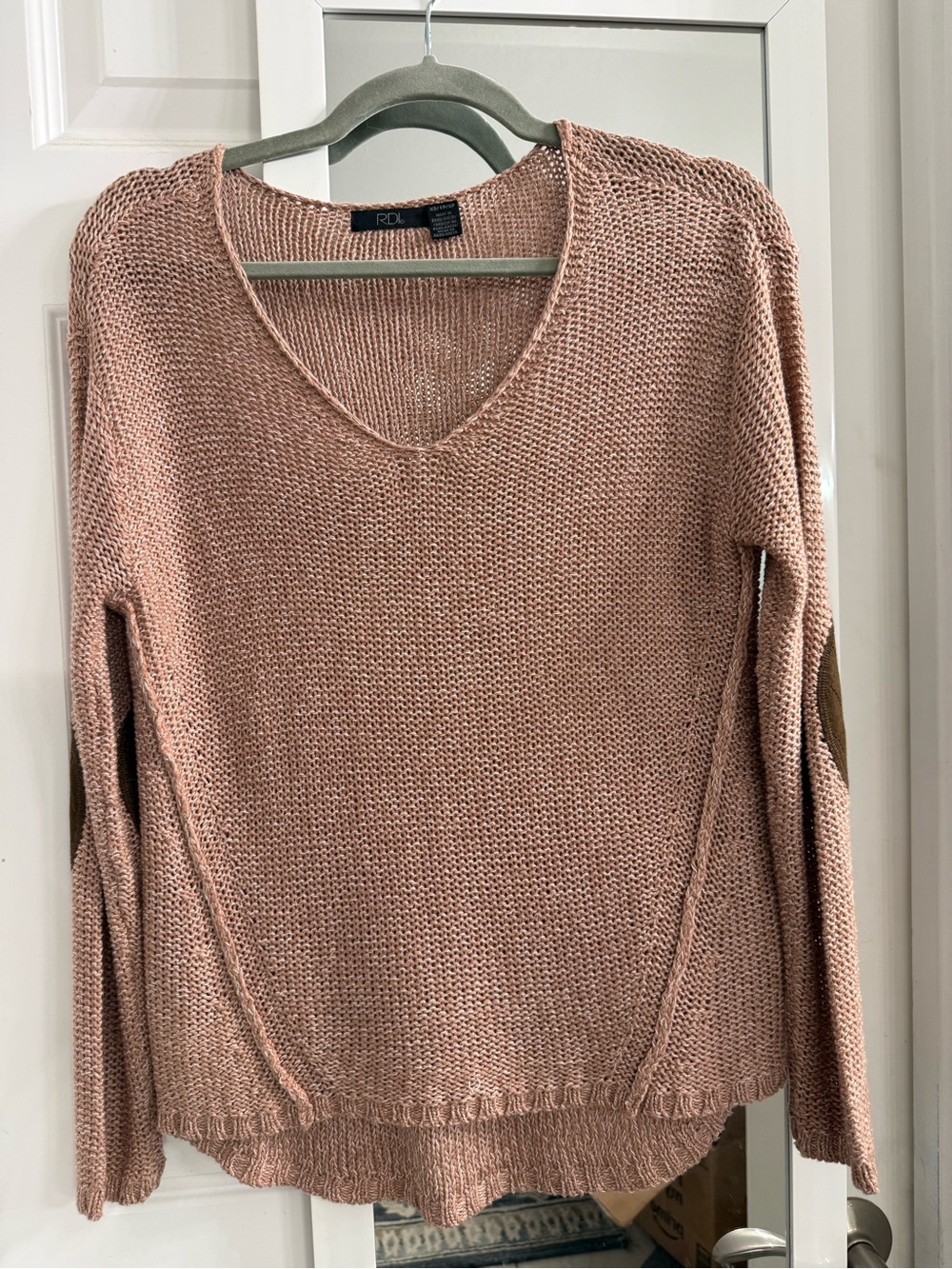 RDI V-Neck Sweater in Dusty Rose with Elbow Patches